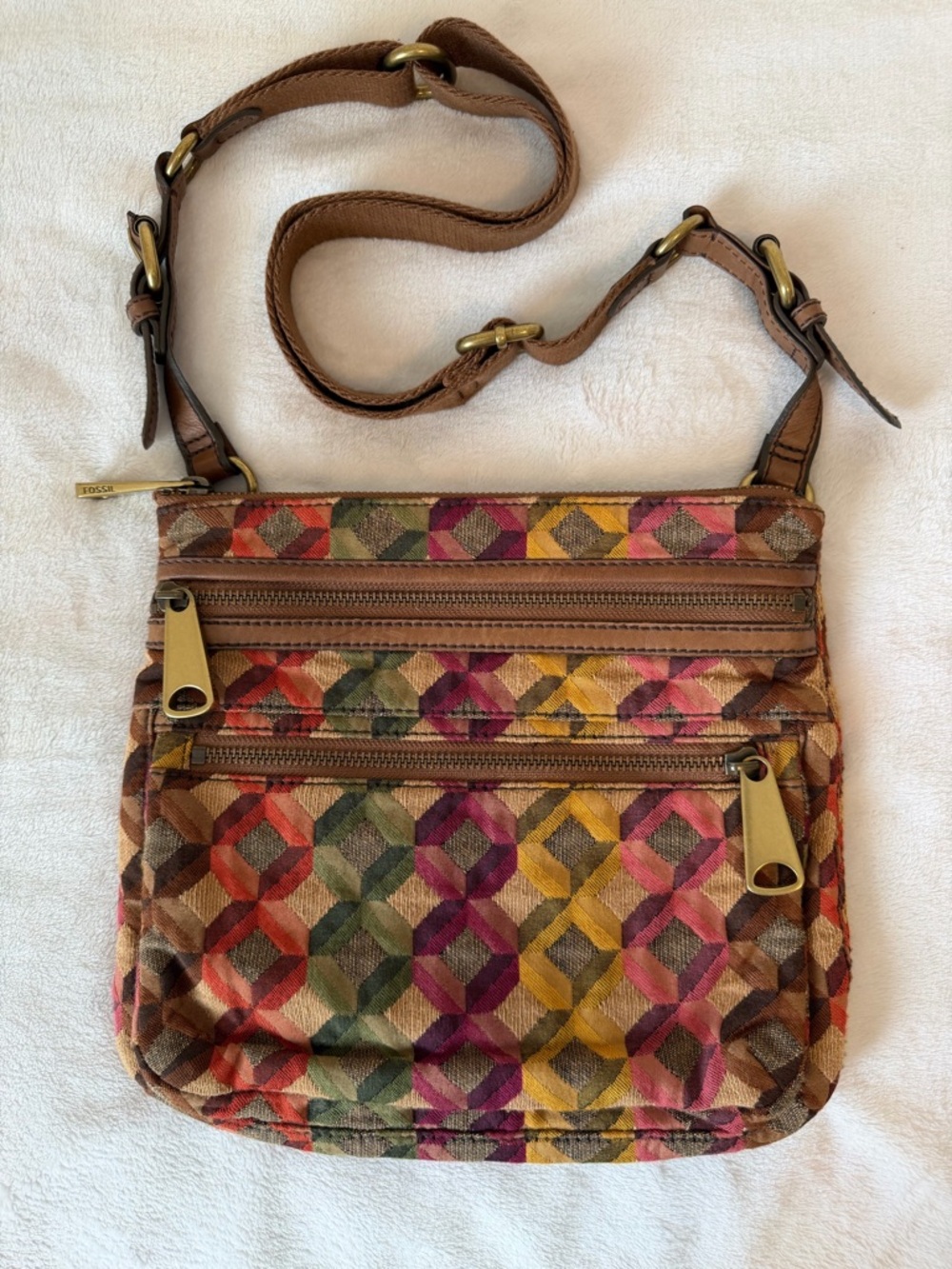 Fossil Y2K Explorer Multi Zip Leather Geometric Tapestry Crossbody Shoulder Bag